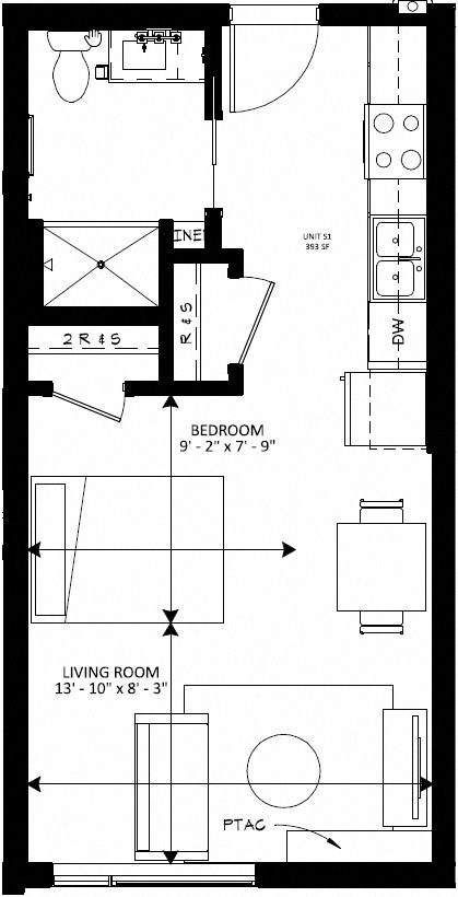 Floor plan for studio, 1 bath, 393 sqft
